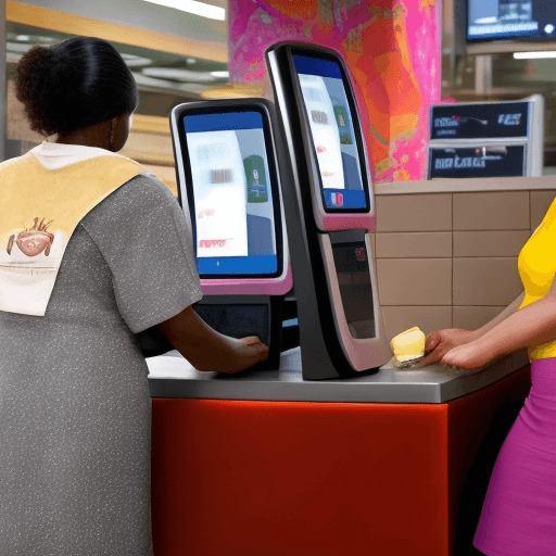 AI generated: person using a self service kiosk in a fast food restaurant. the customer  who must be a lady and sh...