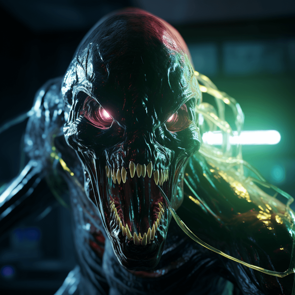 AI generated: A wicked alien with neon glowing eyes in a corner of a room, roaring, gnarling, mouth salivating, sh...