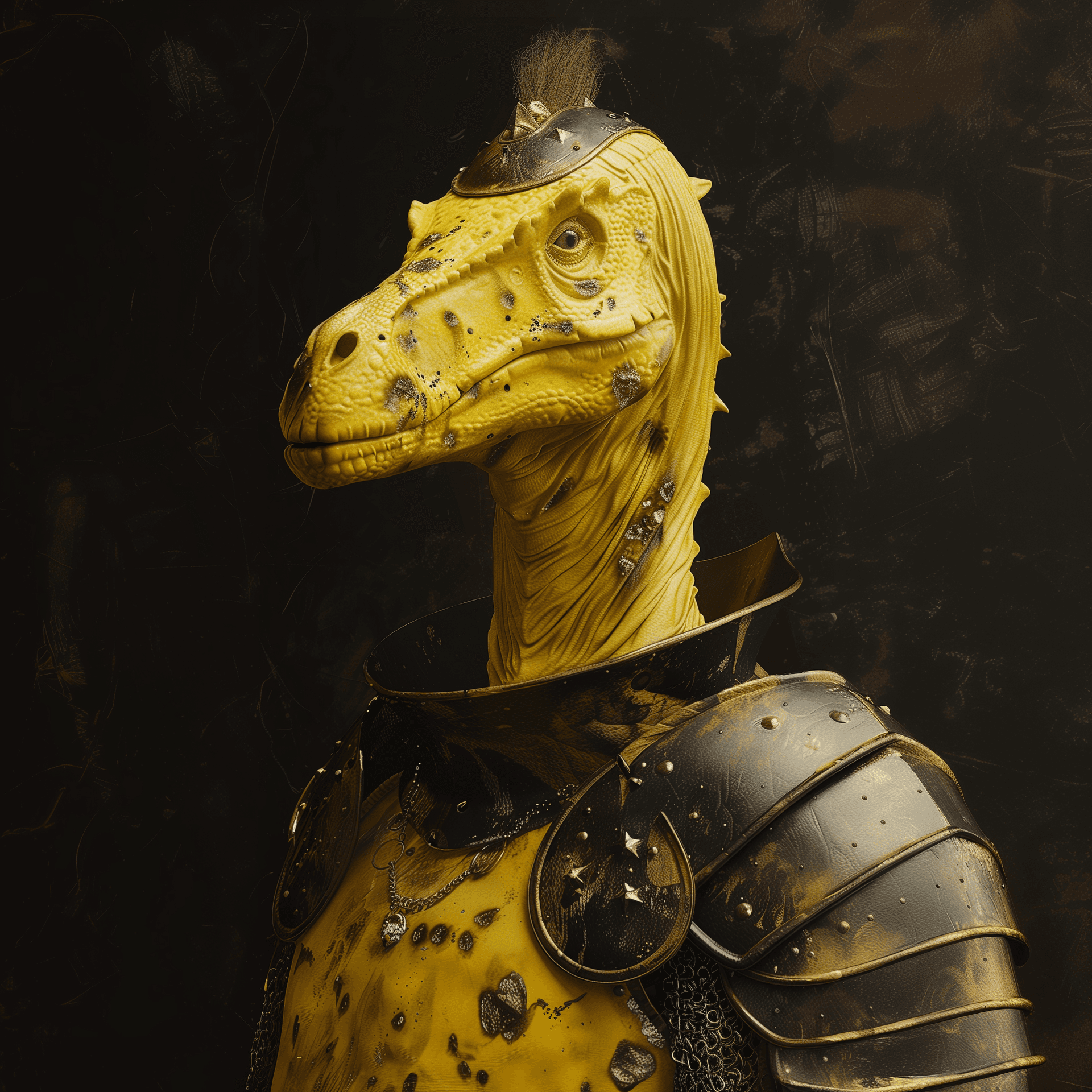 AI generated: yellow dinosaur wearing mid european ancient helmet and armour, war background, 8k, 3d render, in th...