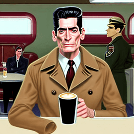 AI generated: Dale cooper from twin peaks giving an iconic thumbs up in his tan trench coat while taking a sip of ...