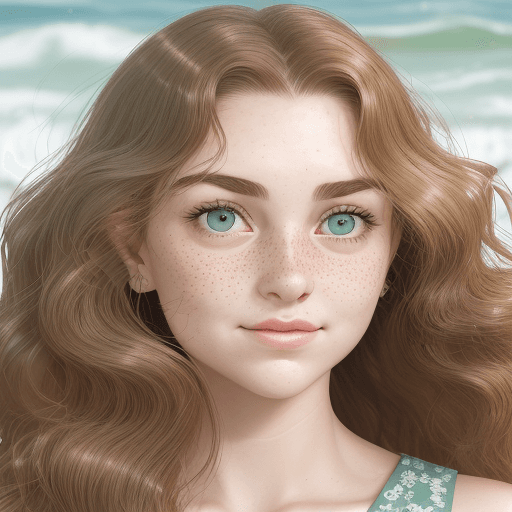 AI generated: In her mid-20s, she has a cascade of chestnut waves that gracefully falls to her shoulders, framing ...