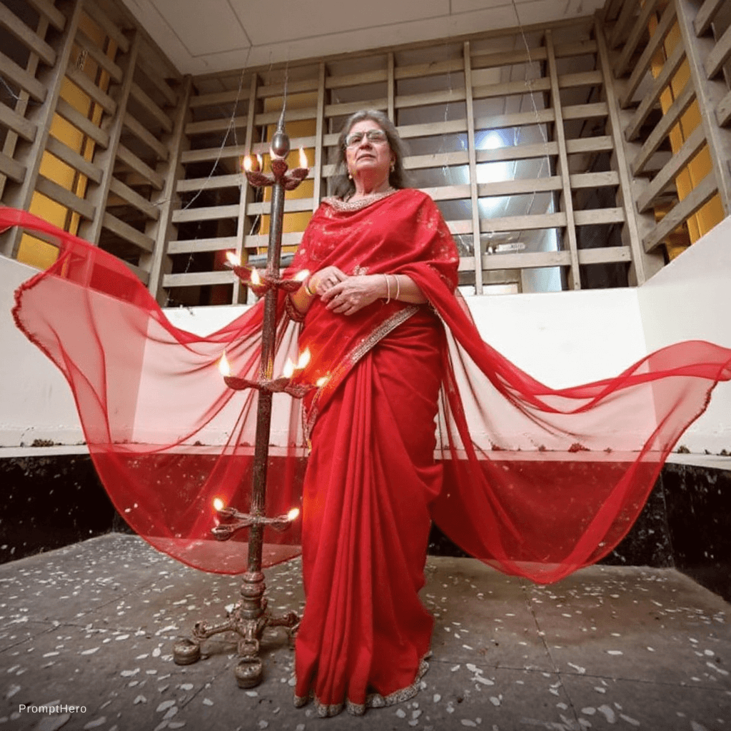 AI generated: Fashion photograph in the style of “bug’s-eye view” of a beautiful 45yo old Indian women wearing flo...