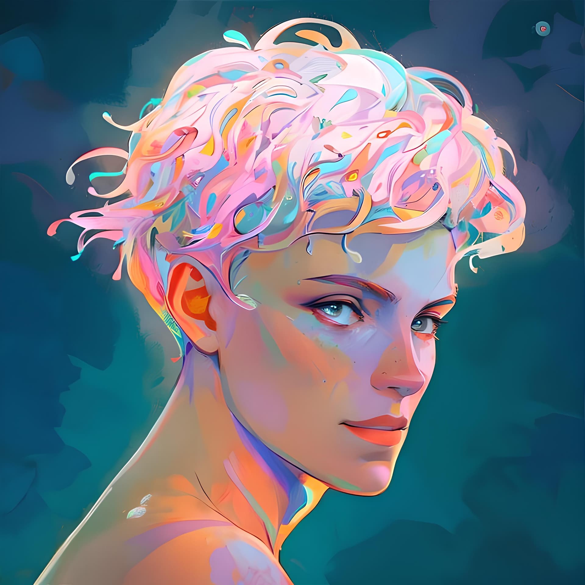 AI generated: a digital painting of a man with curly hair, inspired by Yanjun Cheng, digital art, vibrant iridesce...