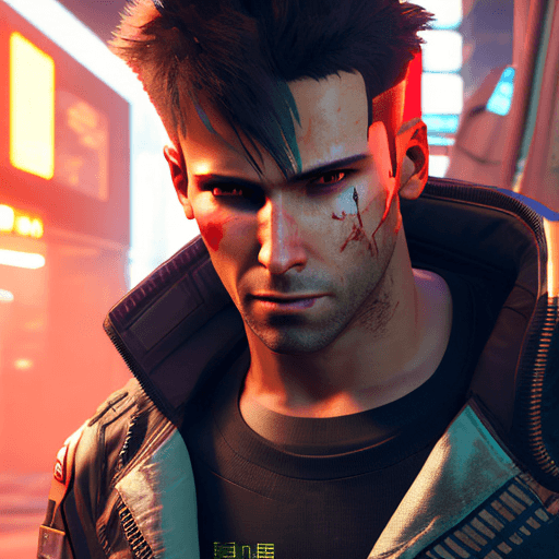 AI generated: a male protagonist of cyberpunk 2077 with a tuft, brown hair, red eyes, oily complexion, while killi...
