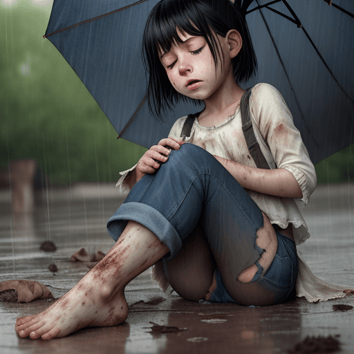 AI generated: rain, realistic, umbrella, 1girl, baby, dirty, barefoot, cup, torn_clothes, 1boy, closed_eyes, child...