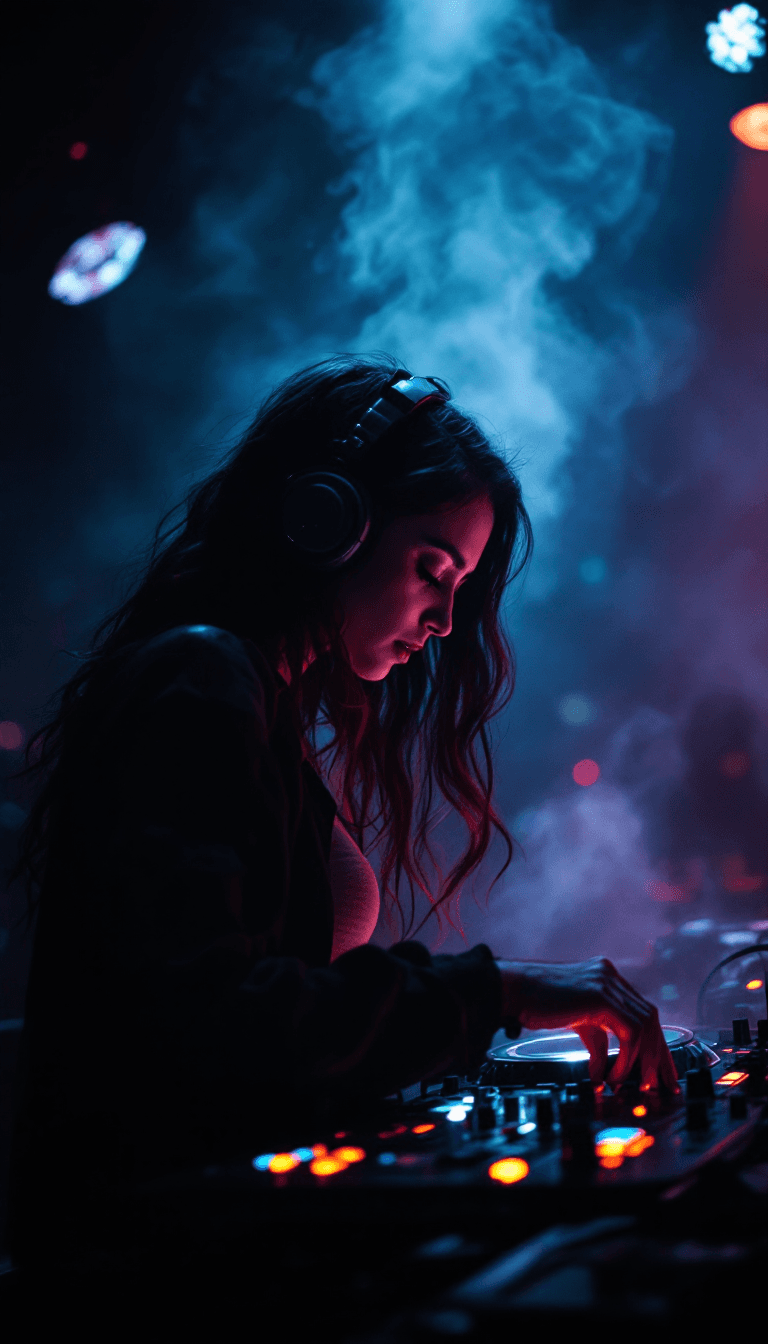 AI generated: ESTABLISHING SHOT: INSIDE LATE-NIGHT dj performing at her highest in  CLUB
FILLED WITH SMOKE AND SOF...