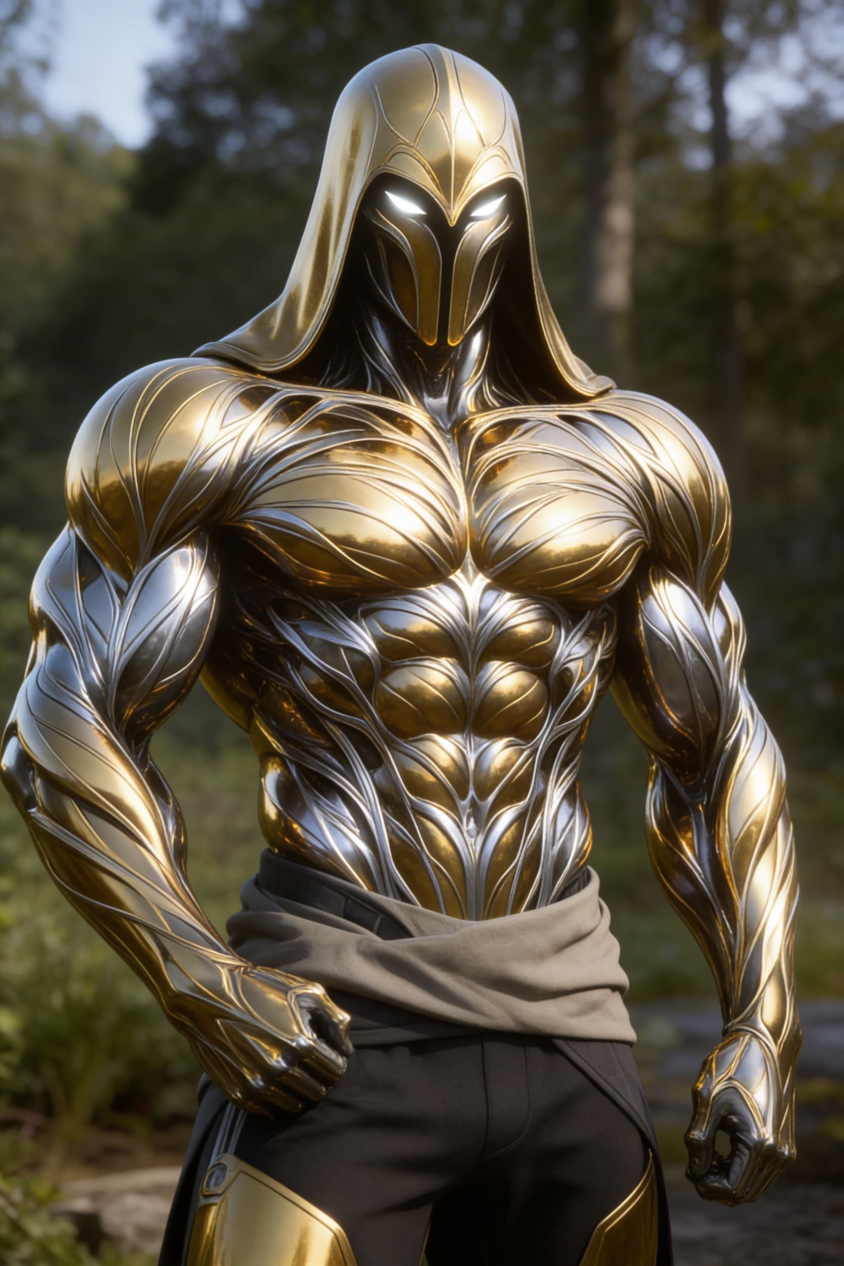 AI generated: Be inspired and create from reference. a golden-silver being, powerful, loving. From flesh to sleek ...