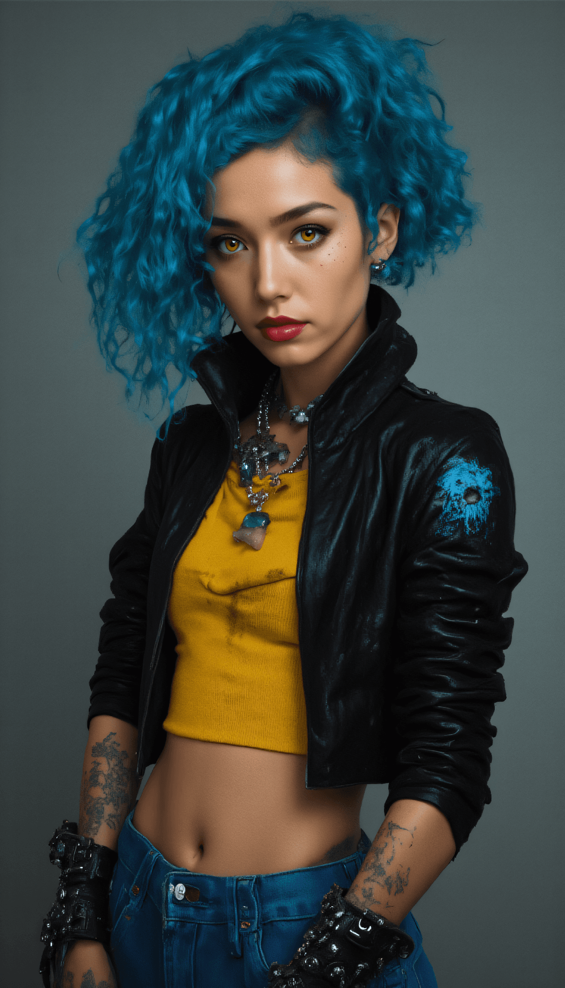 AI generated: A vibrant cyberpunk woman with wild blue hair and striking yellow eyes, wearing a black leather jack...