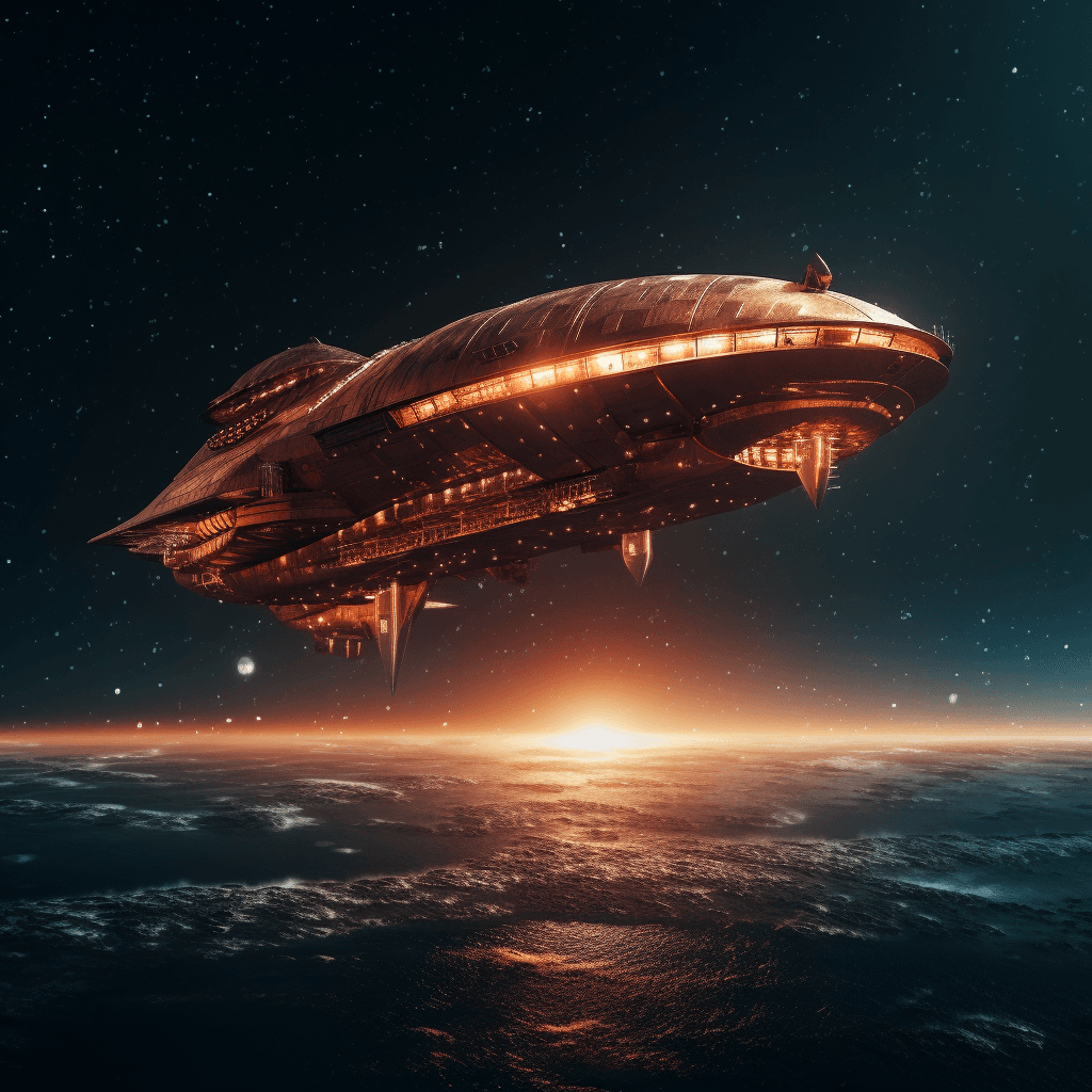 AI generated: spaceship shaped like a metallic airship, flying over a reddish sea, close to the surface, night, st...