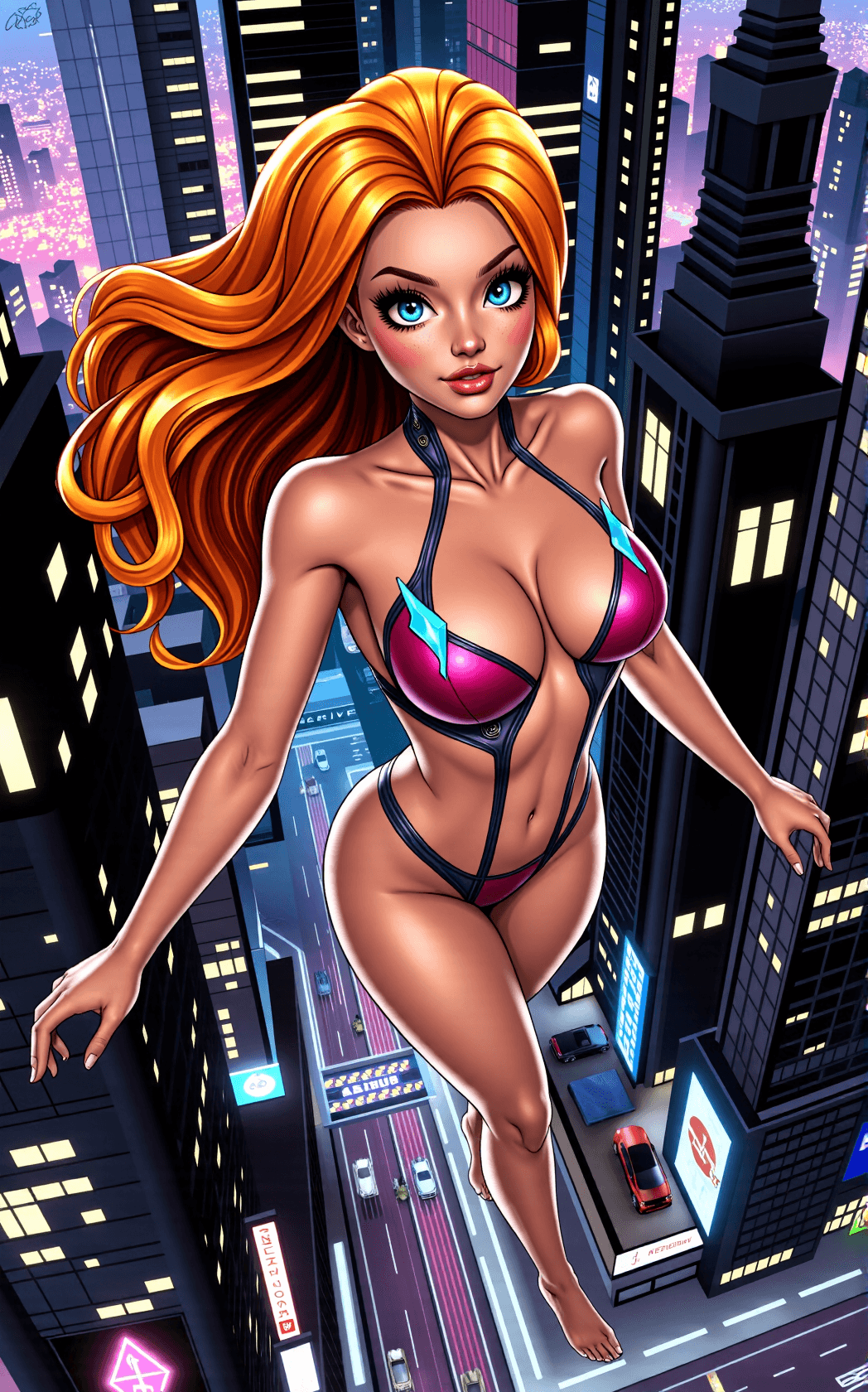 AI generated: Starfire (DC Comics) soars above a sprawling neon-lit futuristic city, her tall Tamaranean figure ra...