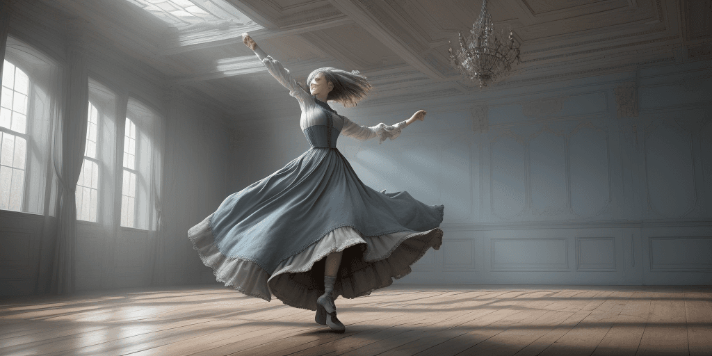 AI generated: High resolution photography, woman dancing by herself, dressed in cheap torn clothes of victorian st...