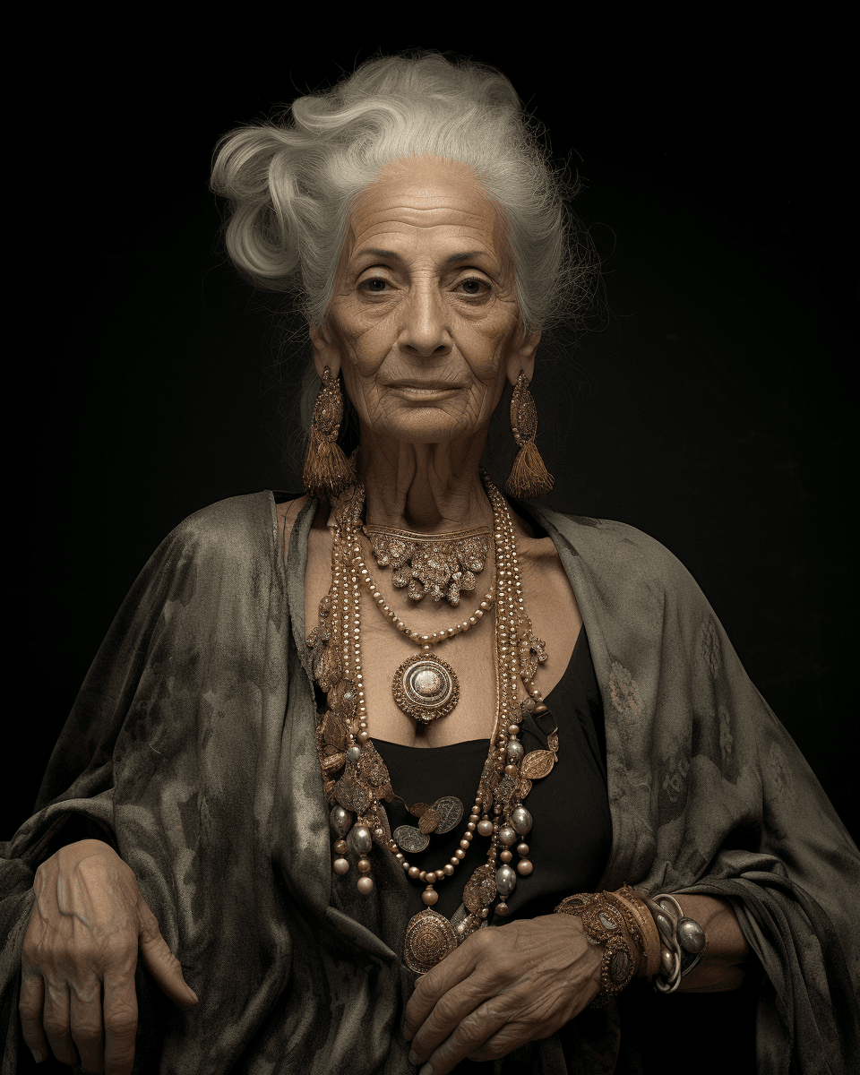 AI generated: old photograph of an old woman wearing some jewelry, in the style of classic hollywood glamour, silv...