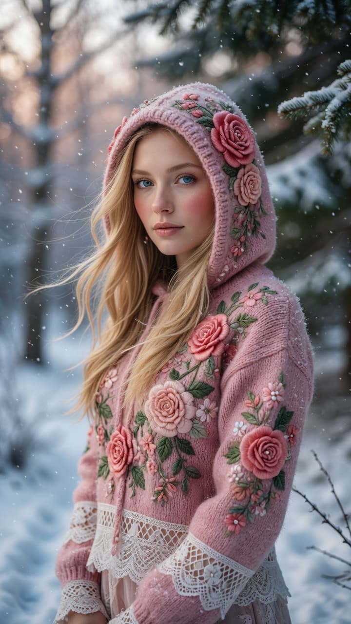 AI generated: A stunning ultra-realistic fashion photograph of a beautiful young woman with long flowing blonde ha...