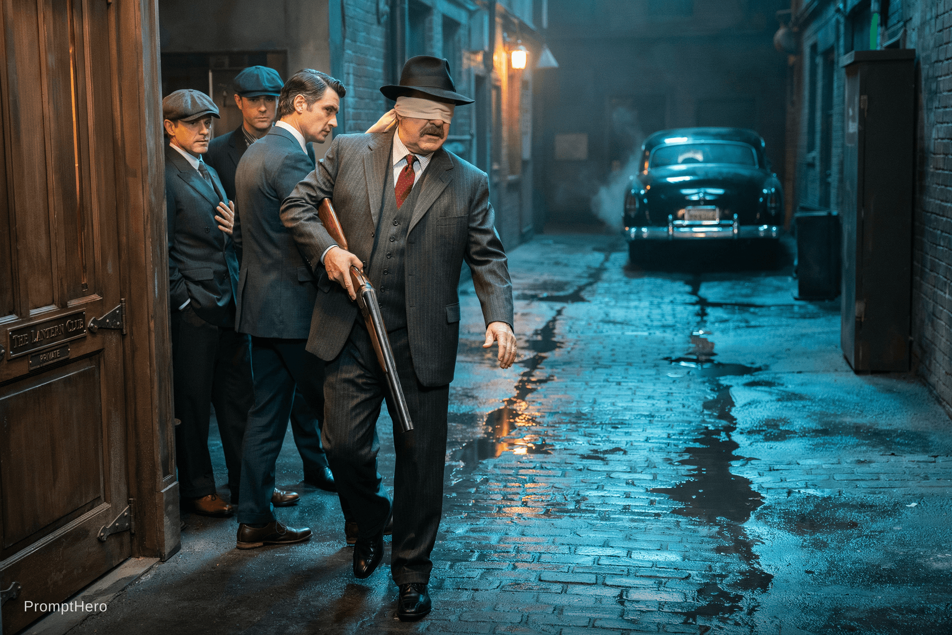 AI generated: Mafia goes hunting with its eyes tied