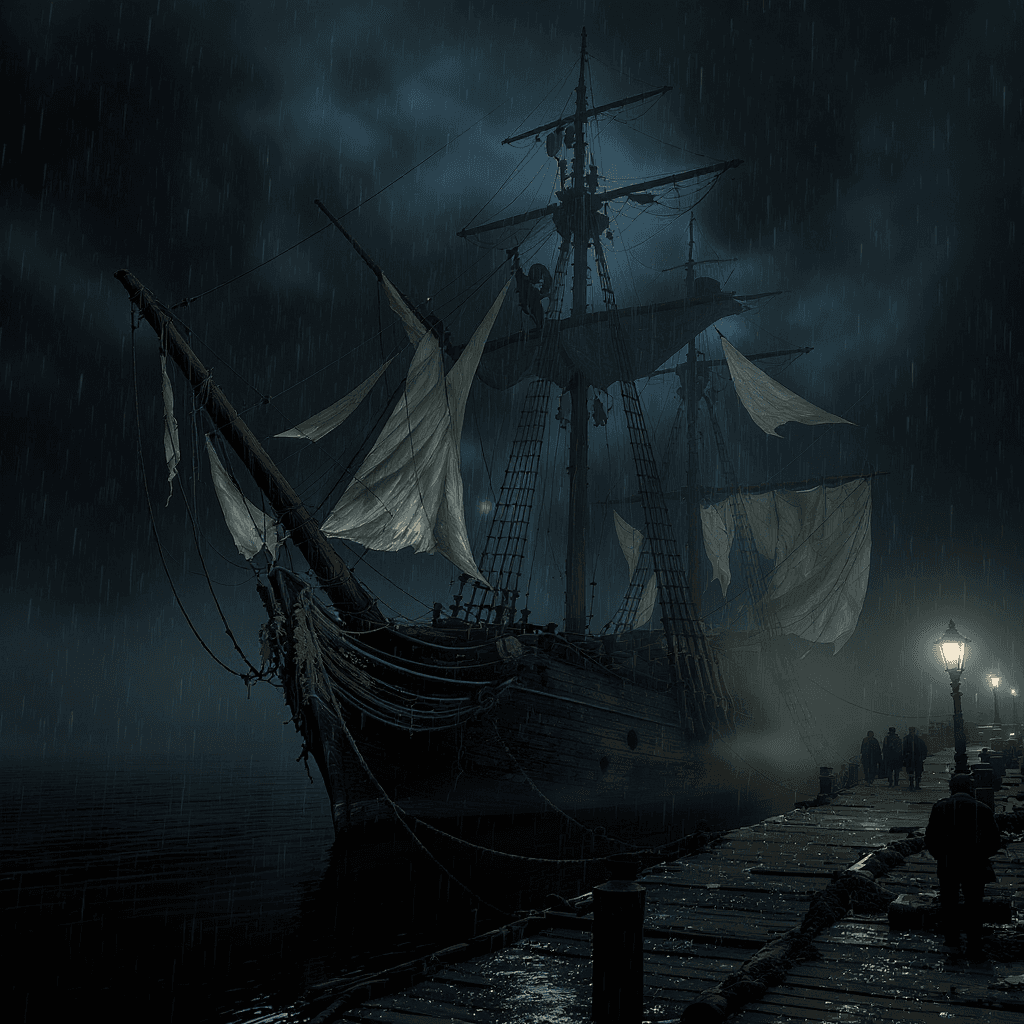 AI generated: "Dark, abandoned ship moored at a foggy 1960s European dock, inspired by 'Sweeney Todd: The Demon Ba...