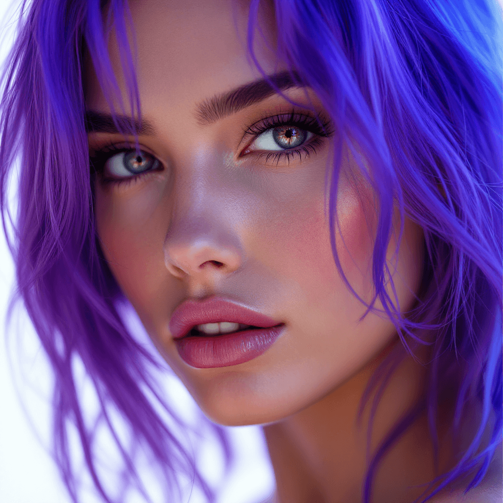 AI generated: A close-up portrait of a woman with vibrant purple hair, captured in ultra-realistic 8K resolution u...