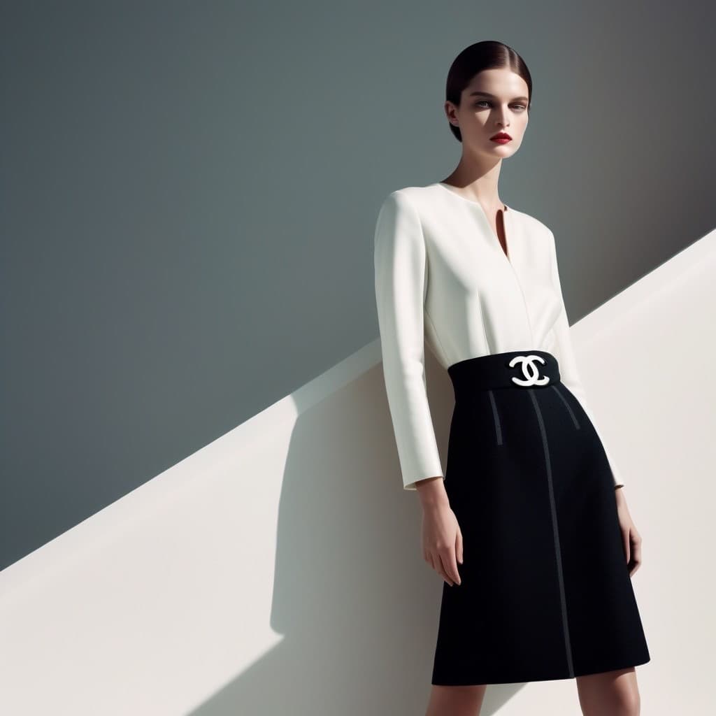 AI generated: Fashion design work feauturing a (Chanel) female model wearing minimalist women’s clothing, shot in ...