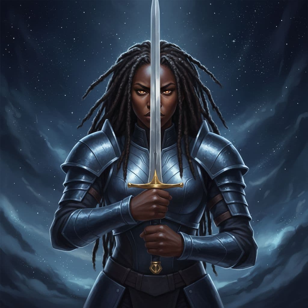 AI generated: A hyper-realistic digital painting of a strong Black female warrior with natural locs, standing face...
