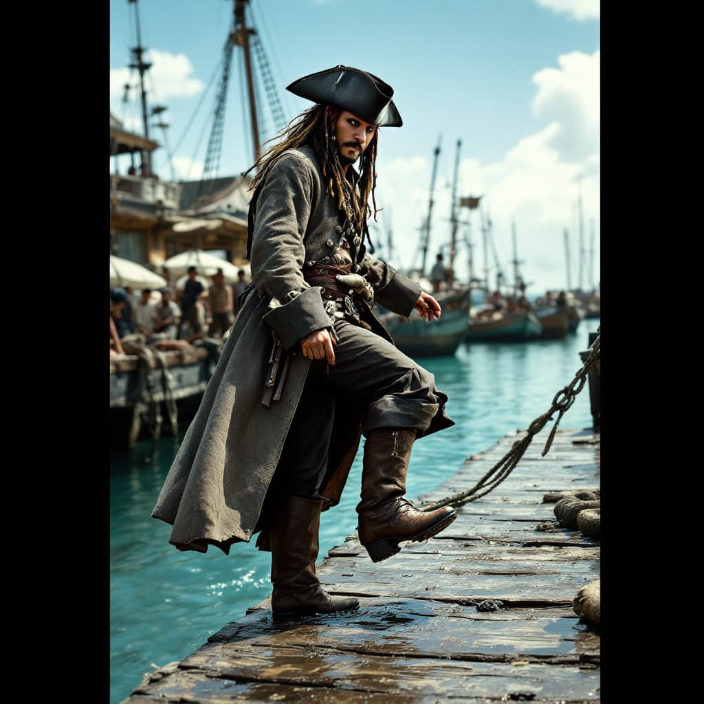 AI generated: "Capture the precise moment Jack Sparrow steps onto the dock from the mast of his sinking ship in Pi...