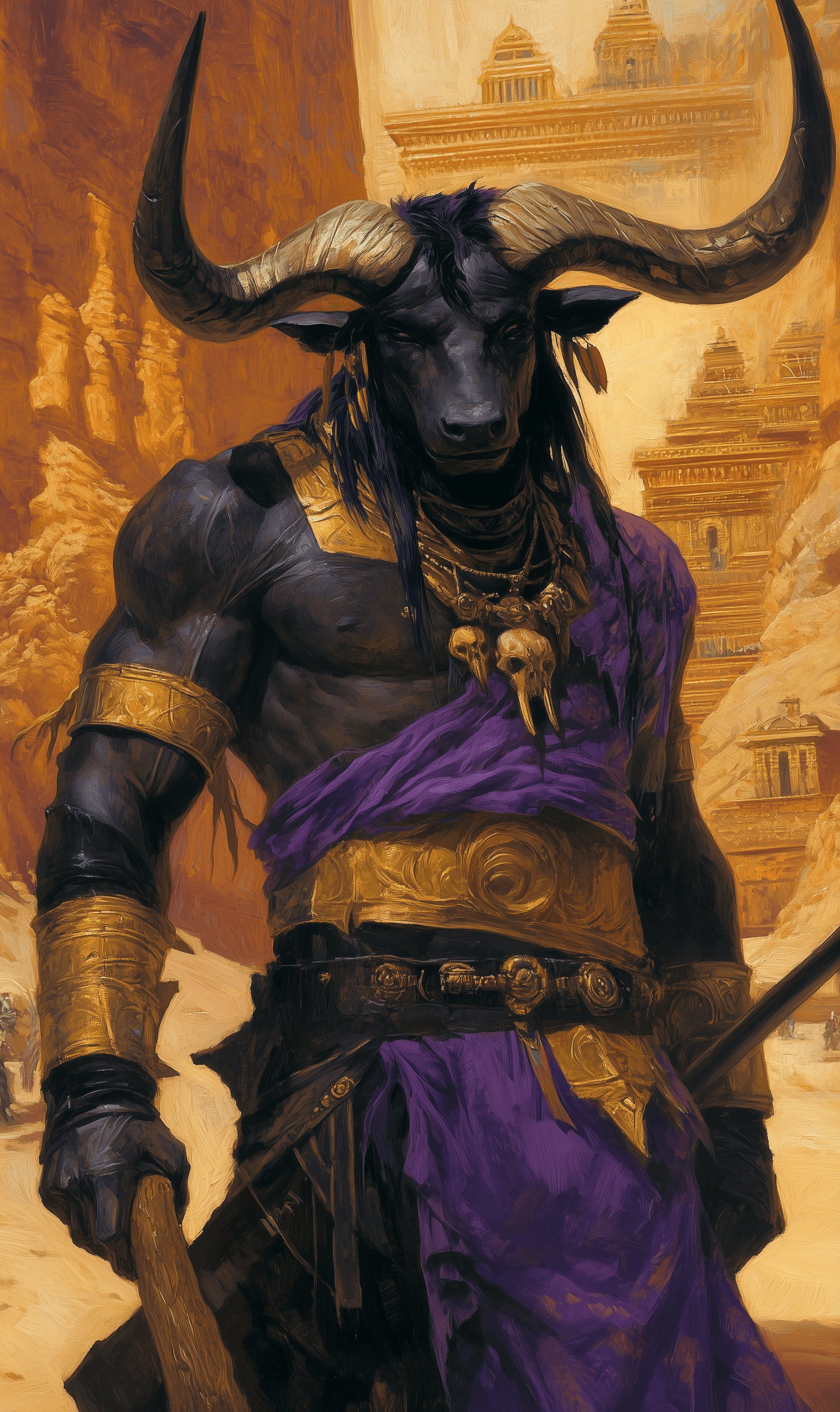 AI generated: A close-up of an anthropomorphic minotaur with horns, wearing purple and black and holding a spear. ...