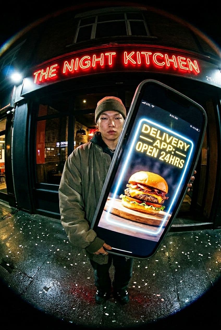 AI generated: urban restaurant exterior at night, harsh direct flash photography, gritty candid street scene

a pe...
