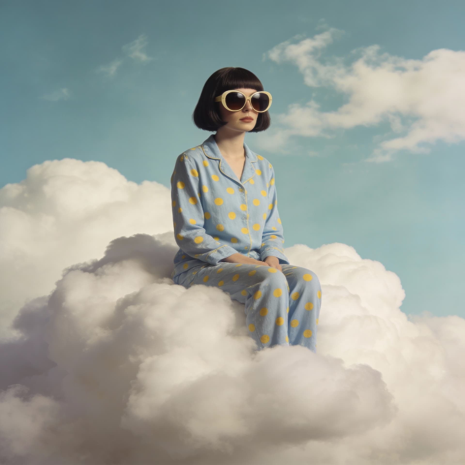 AI generated: A photo of an eccentric woman sitting on top of white fluffy clouds wearing big sunglasses and light...