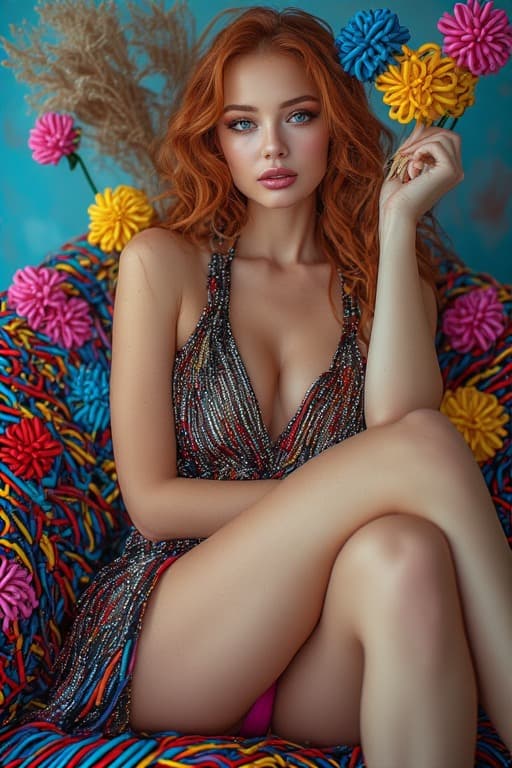 AI generated: fashion portrait of a stunning red-haired woman with luminous blue eyes, seated on a vibrant multico...