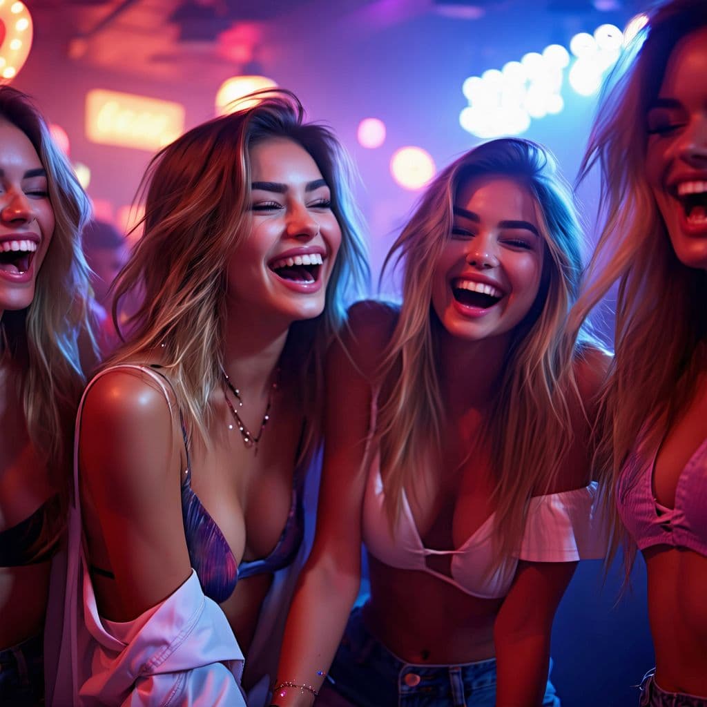 AI generated: Candid photo of a group of gorgeous girls partying at a dance club. They look like trouble. they're ...