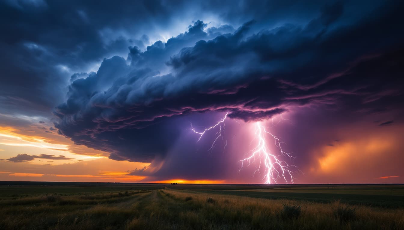 AI generated: A hyper realistic, wide angle photo of a dark, lightning filled, tornadic super cell thunderstorm cr...