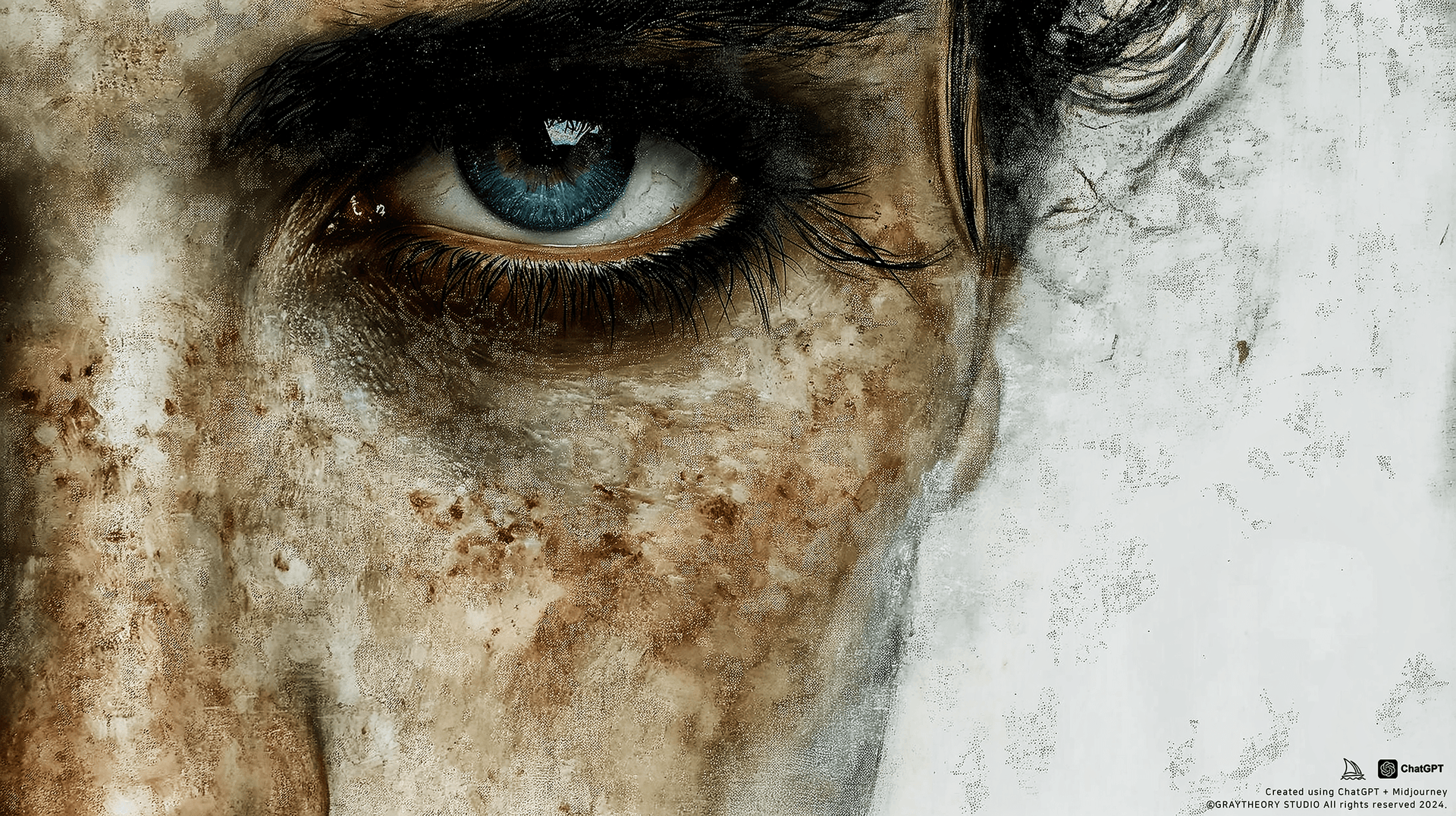 AI generated: portrait, man, oil painting, grainy painting, empty eye, minimalist avant-garde drawing, many detail...