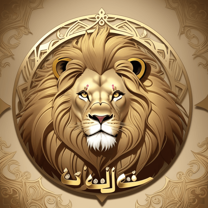AI generated: logo, cartoon lion, gold theme, circle frame, arabic

