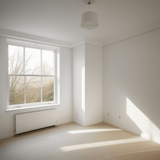 AI generated: Before photo of an empty bedroom with white plain walls an empty reading nook, and a large bay windo...