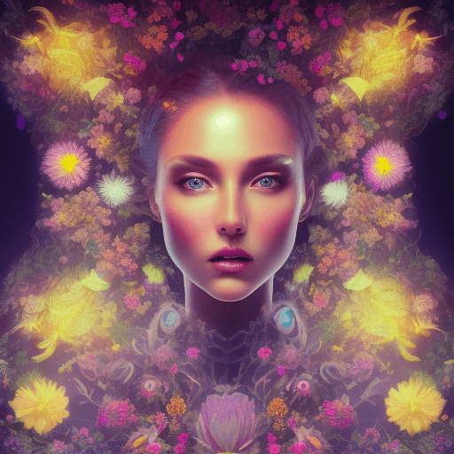 AI generated: An  explosion of beautiful stunning woman in a bioluminescent glass with vibrant  flowers woman  8k ...