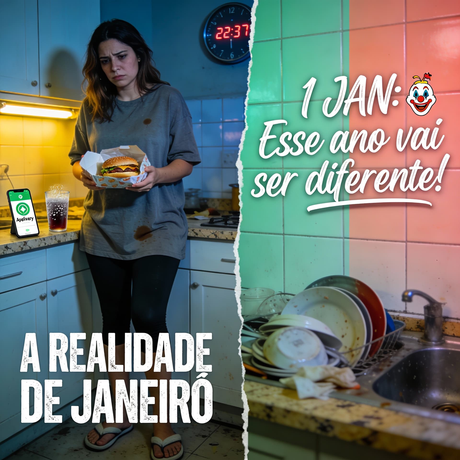 AI generated: CONCEITO GERAL:
Imagem dividida verticalmente (split-screen) em formato 4:5, com 
TRANSIÇÃO VISUAL I...