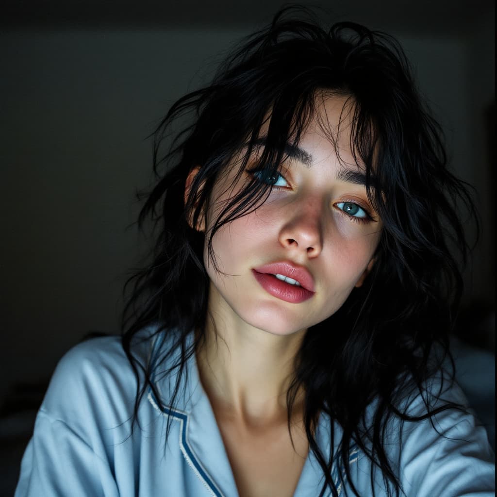 AI generated: 18-year-old woman, messy black hair, light blue eyes, tanned white skin, thin body, wearing pajamas ...