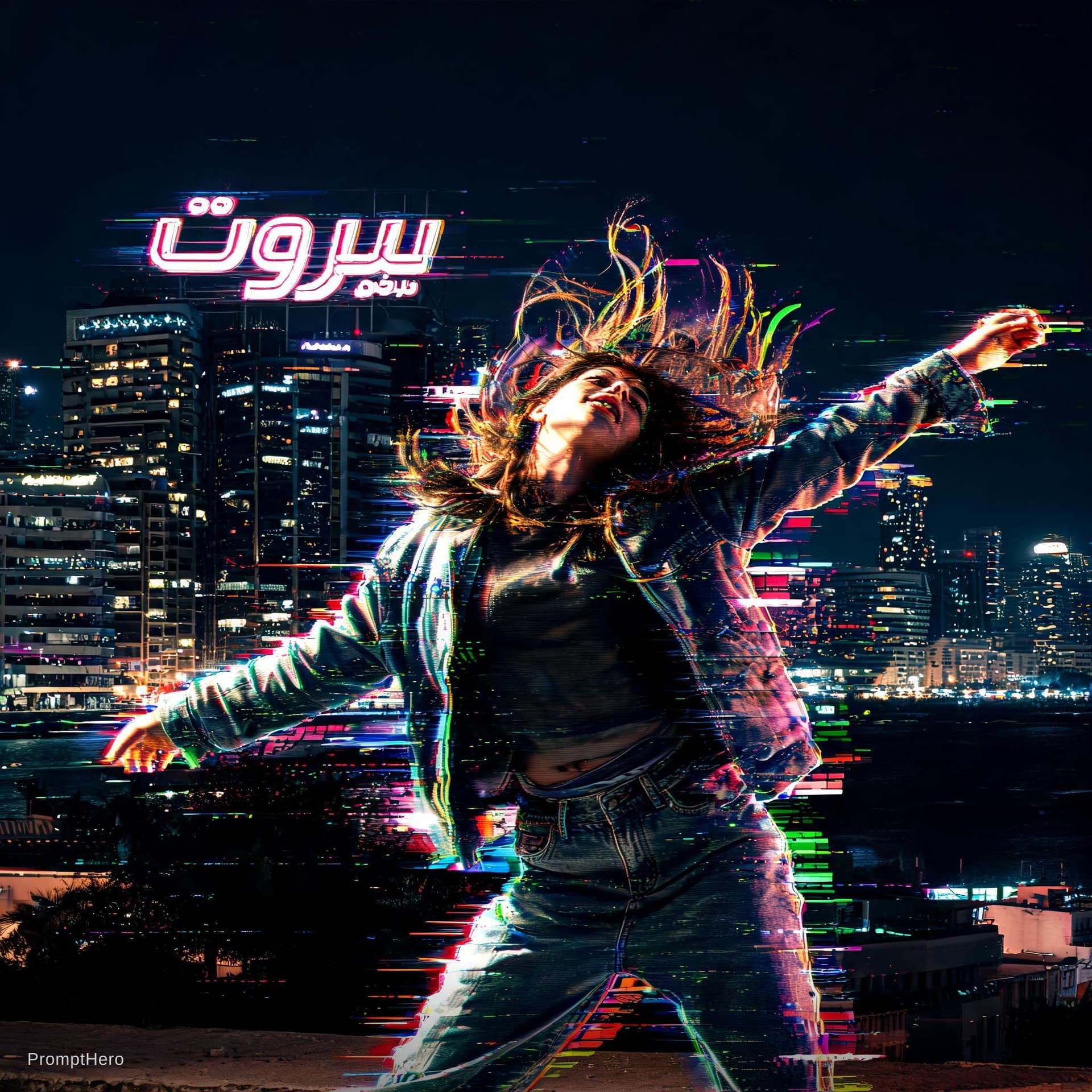 AI generated: girl dance wild in beirut in Glitch Effect, High Dynamic Range
