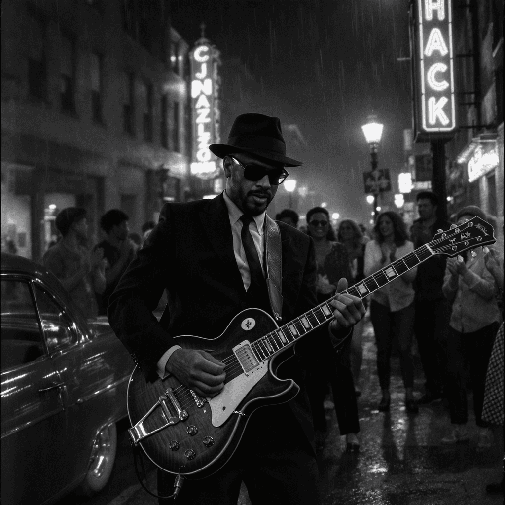 AI generated: “Black and white Film Noir scene of a charismatic street musician on a Chicago street corner, passio...