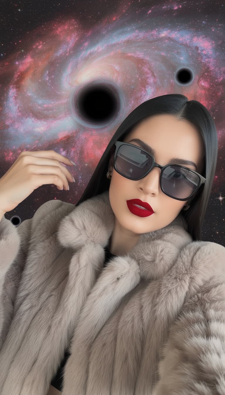 AI generated: Woman, jet hair, ruby red lips, short, faux-chinchilla coat, intense red lips, trendy, vibrant setti...