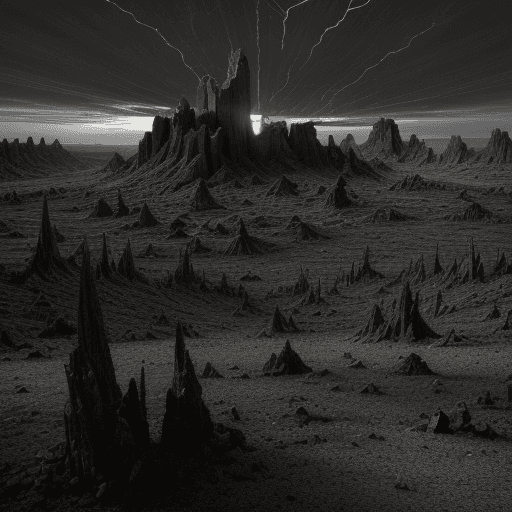 AI generated: A desolate landscape in perpetual twilight, blanketed by an endless fall of fine, gray ash that coat...
