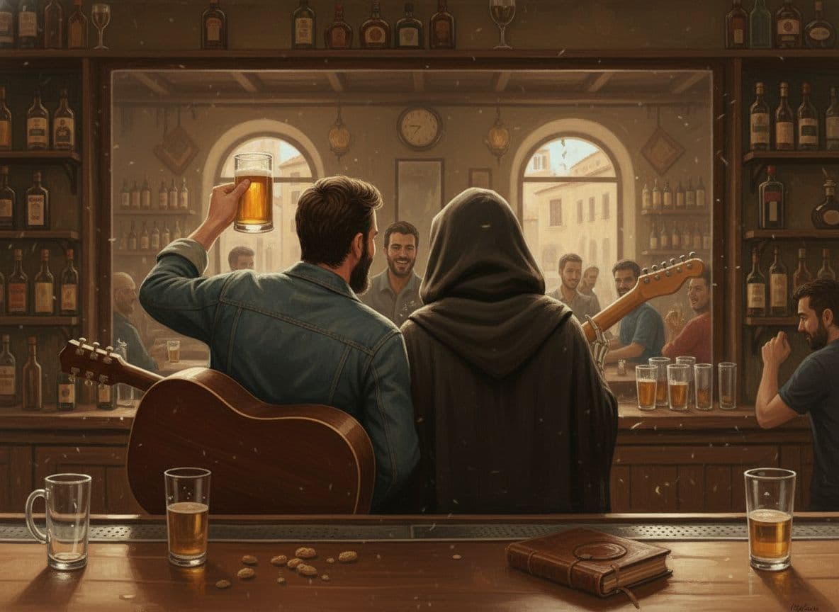 AI generated: Quiero que me des esta imagen girando la cámara 180º. Muestrame la otra parte de el bar con los pers...