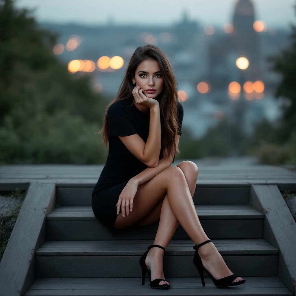 AI generated:  sitting on wooden steps leading up to the viewer. Her pose is elegant and contemplative, with her b...