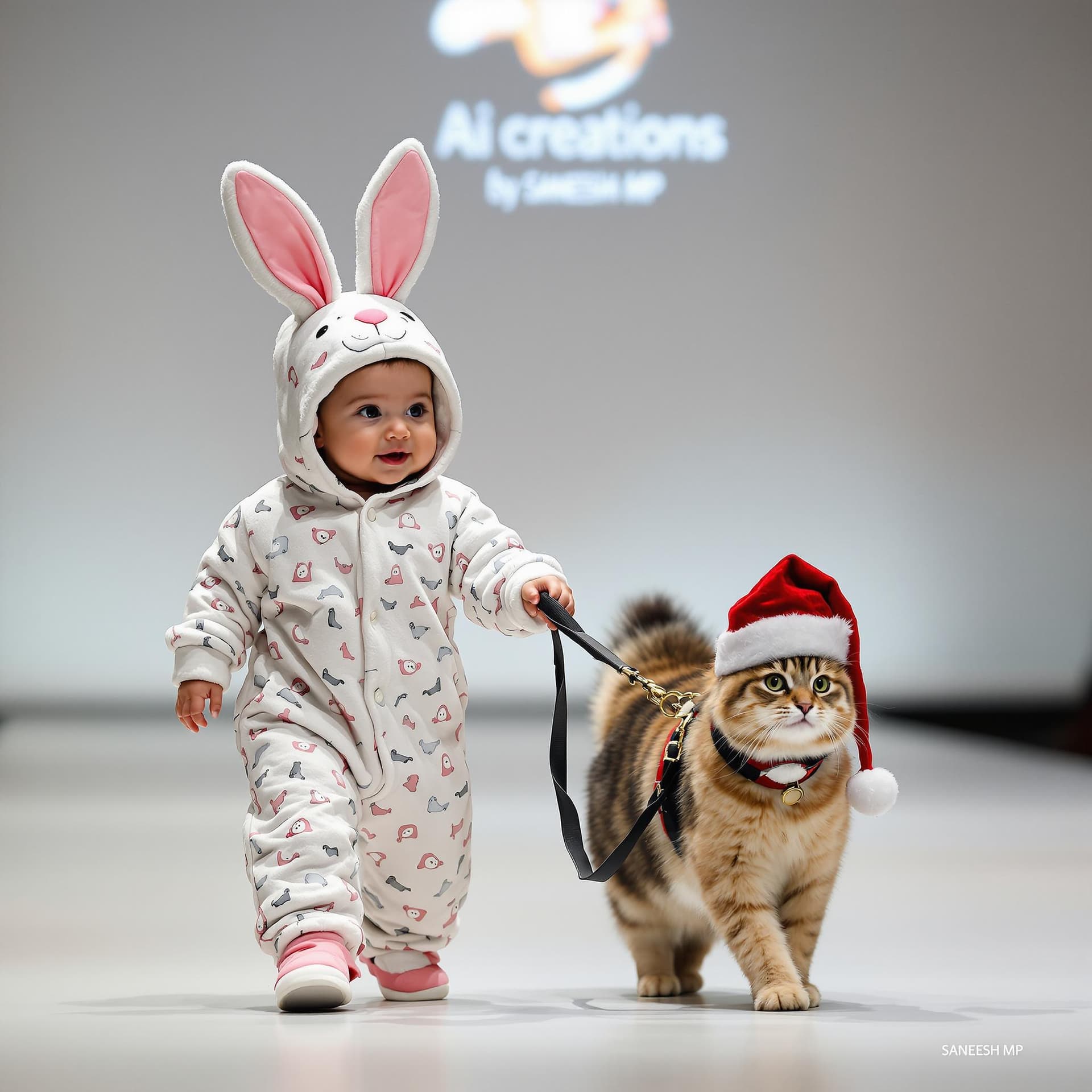 AI generated: A baby dressed in bunny pajamas leads a pet cat on a leash while walking at a Ai creations by SANEES...