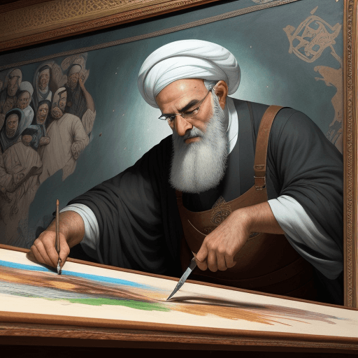 AI generated: Full view of a man creating murals on a drawing board with the theme of unknown martyrs, beautiful m...