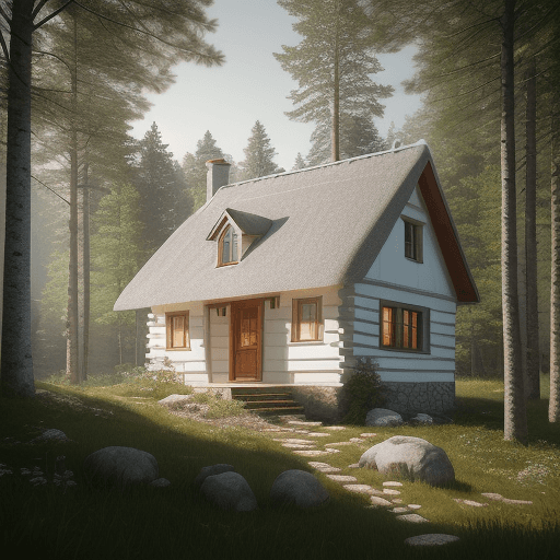 AI generated: Beautiful cottage house made out of white brick, in middle of alpine forest, 8k octane render, soft ...