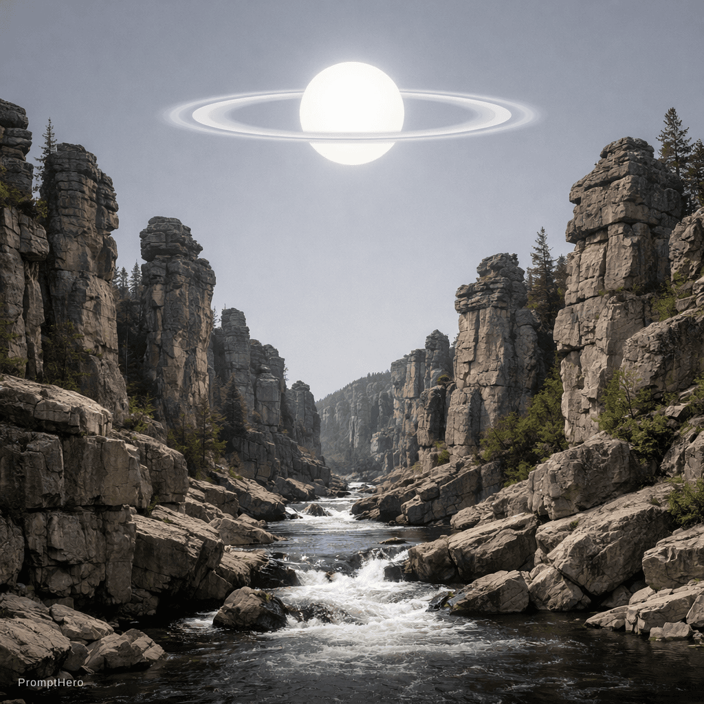 AI generated: a scenic landscape of pillared rocks and river running through them but the sky has a more grey colo...
