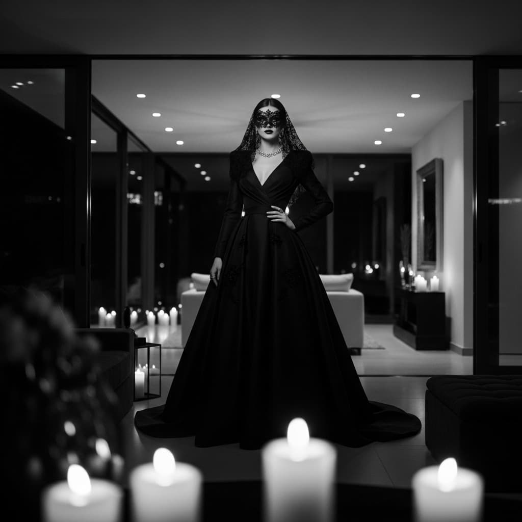 AI generated: “A stunning elegant woman dressed for a luxurious Halloween soirée, wearing a sophisticated couture ...