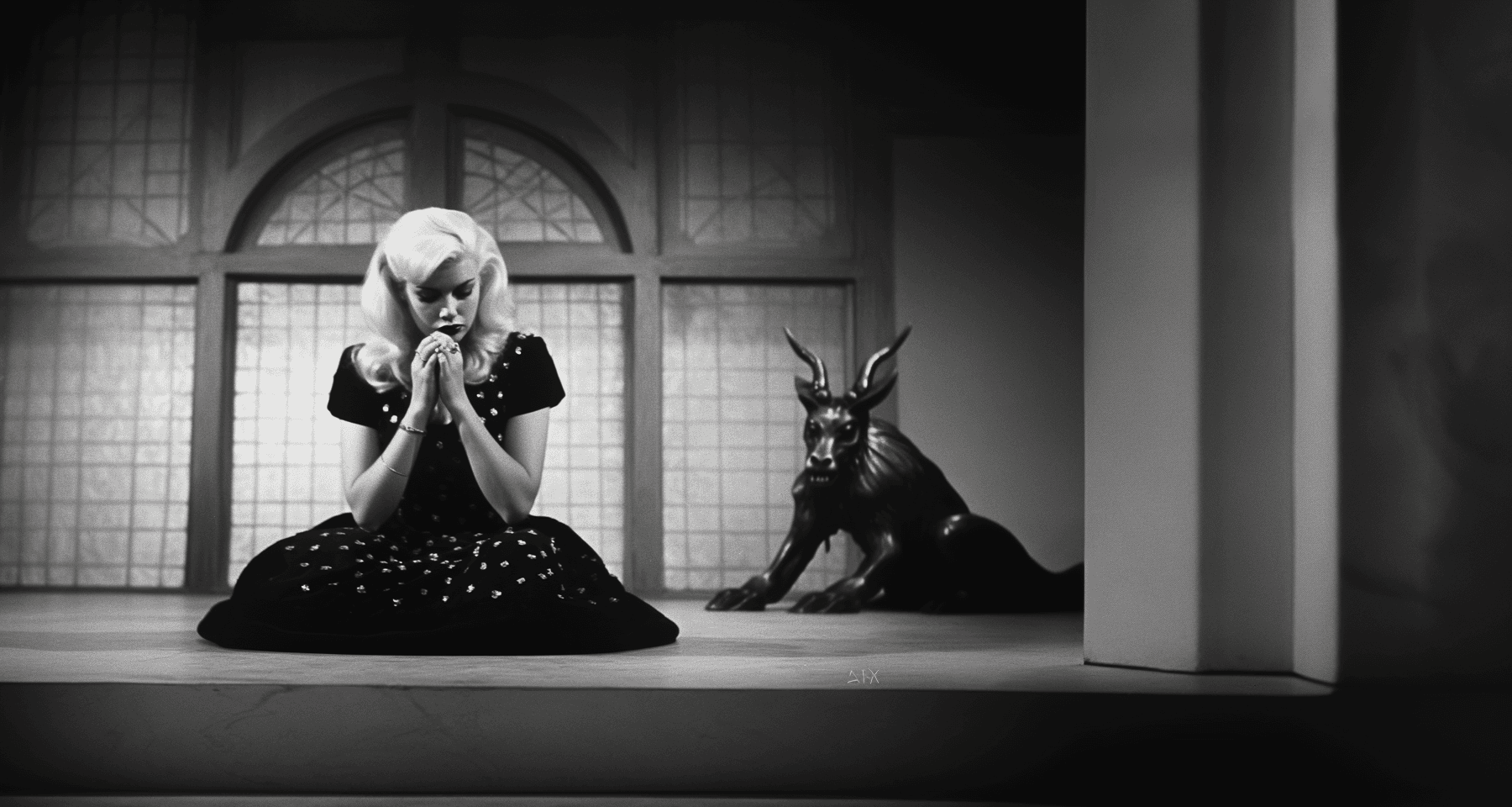 AI generated: black and white photo of Jayne Mansfield kneel down in front of Baphomet during a satanic ritual, oc...