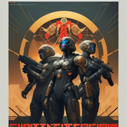 AI generated: young men in a damaged futuristic suit (cyberpunk golden armor), style Soviet poster, USSR poster, g...