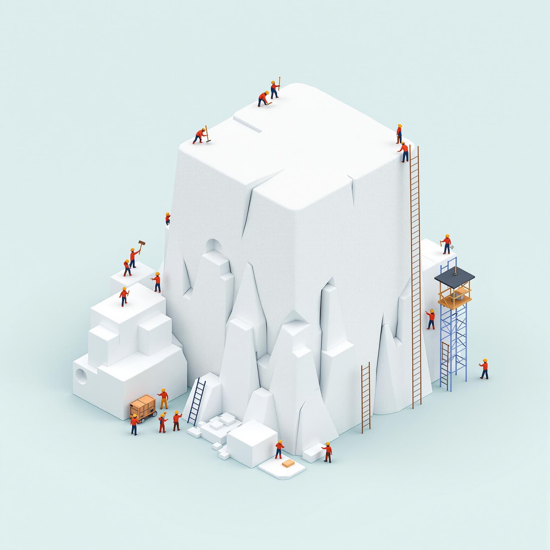 AI generated: A squared white eraser in an isometric environment, resembling a massive rock formation. Tiny micro ...