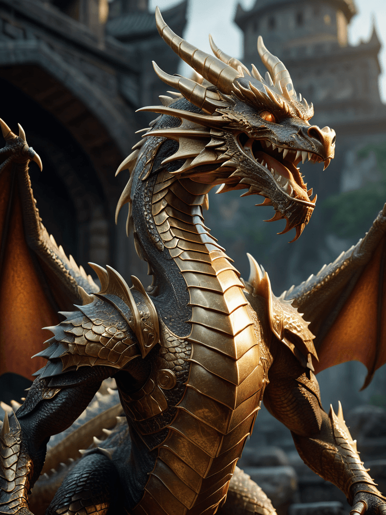 AI generated: Photo of a majestic dragon, posed in the midst of a fierce battle. The dragon is rendered in 8k reso...